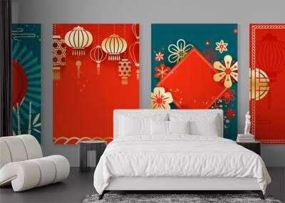 Chinese New Year covers background vectors. Luxury background design with gold Chinese  lantern and oriental decorative element for Asian Lunar New Year holiday cover, poster, ad and sale banner. Wall mural